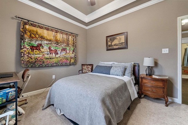 bedroom with light carpet, ceiling fan, and crown molding