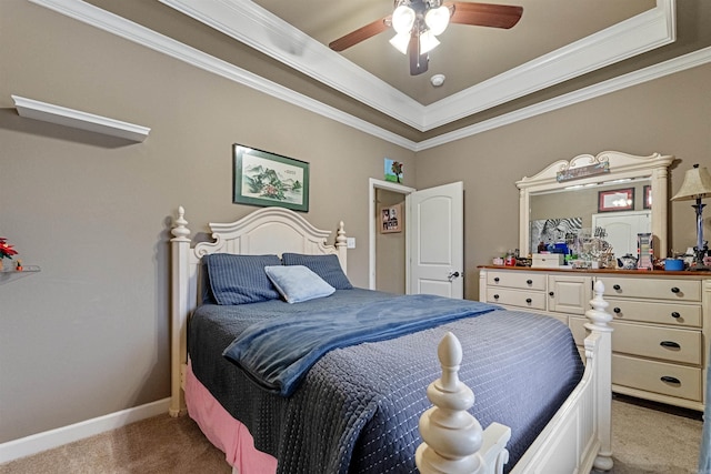 bedroom with ceiling fan, carpet, and ornamental molding