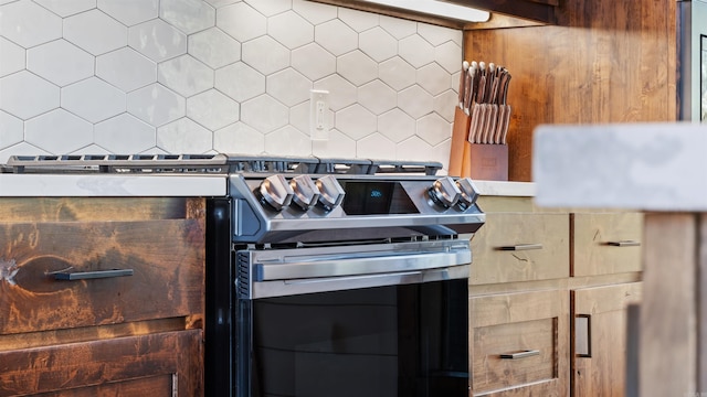 details with decorative backsplash and stainless steel electric range