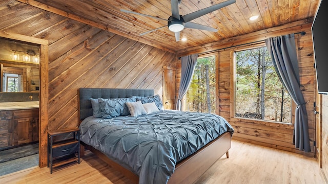 bedroom featuring light wood-type flooring, ensuite bath, ceiling fan, wooden ceiling, and wood walls