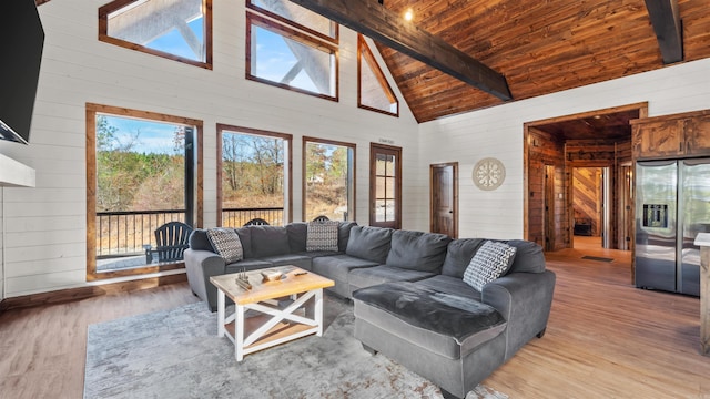 living room featuring wooden walls, high vaulted ceiling, wooden ceiling, beamed ceiling, and hardwood / wood-style floors