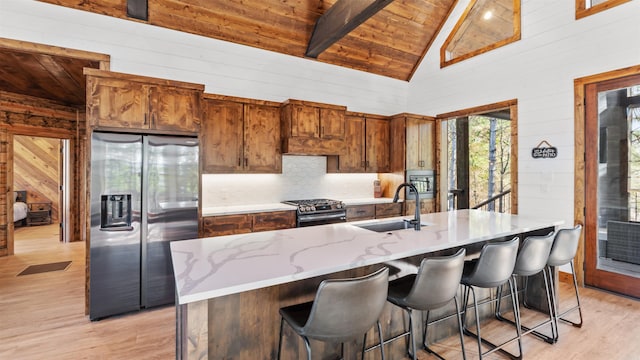 kitchen featuring sink, high vaulted ceiling, a center island with sink, wood ceiling, and appliances with stainless steel finishes