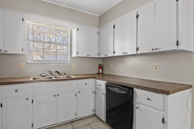 kitchen with white cabinetry, crown molding, sink, and black dishwasher