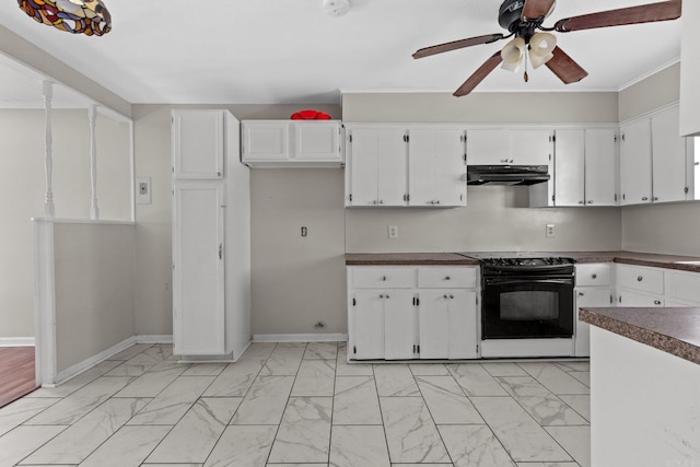 kitchen featuring black range with electric cooktop, white cabinetry, ceiling fan, and crown molding