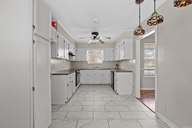 kitchen featuring stainless steel electric range, ceiling fan, black dishwasher, decorative light fixtures, and white cabinetry