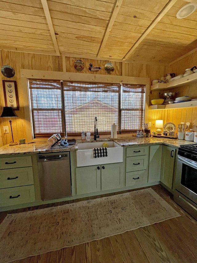 kitchen featuring wood walls, a healthy amount of sunlight, green cabinetry, and appliances with stainless steel finishes