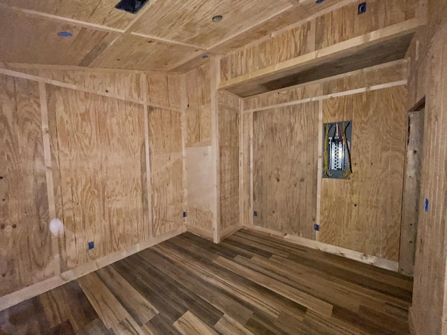 spare room with vaulted ceiling and dark wood-type flooring