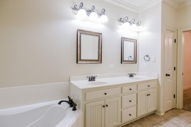 bathroom with a bathing tub, crown molding, tile patterned flooring, and vanity