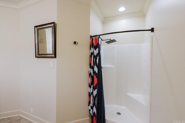 bathroom featuring tile patterned floors, curtained shower, and ornamental molding