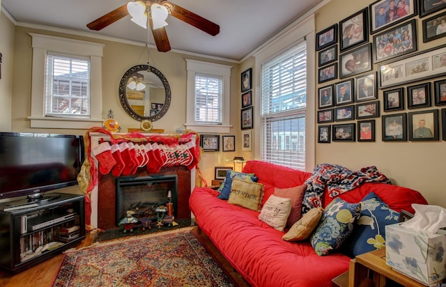 living room with crown molding, ceiling fan, and hardwood / wood-style flooring