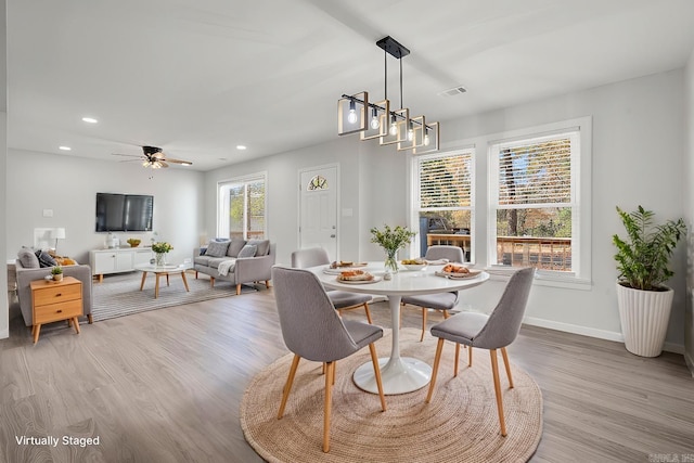 dining area featuring ceiling fan and light wood-type flooring