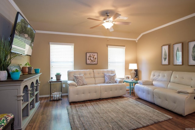 living room featuring ceiling fan, a healthy amount of sunlight, ornamental molding, and dark wood-type flooring