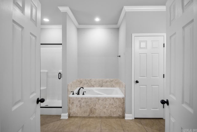 bathroom with tile patterned flooring, independent shower and bath, and crown molding