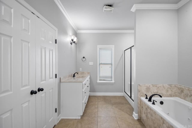 bathroom featuring tile patterned flooring, vanity, independent shower and bath, and ornamental molding