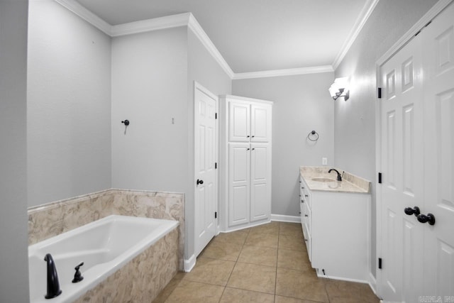 bathroom with tile patterned floors, vanity, crown molding, and tiled bath