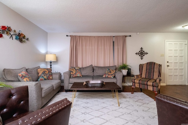 living room with a textured ceiling