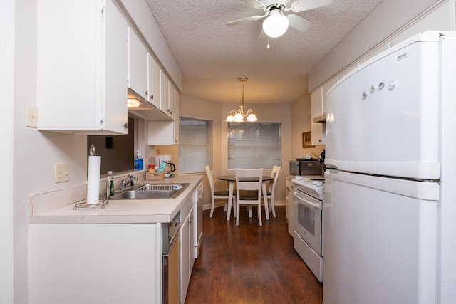 kitchen with pendant lighting, white appliances, sink, dark hardwood / wood-style floors, and white cabinetry