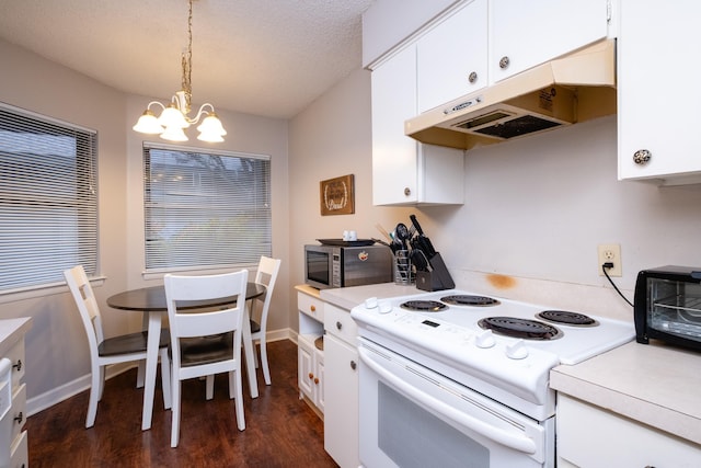 kitchen featuring white cabinetry, dark wood-type flooring, white electric range oven, a notable chandelier, and pendant lighting