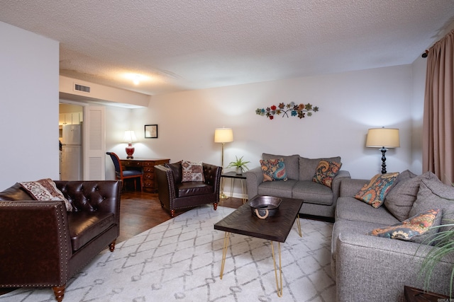 living room featuring hardwood / wood-style flooring and a textured ceiling