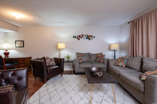 living room featuring a textured ceiling and hardwood / wood-style flooring