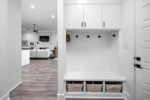 mudroom with ceiling fan and light hardwood / wood-style flooring