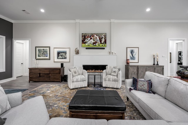 living room featuring crown molding and dark wood-type flooring