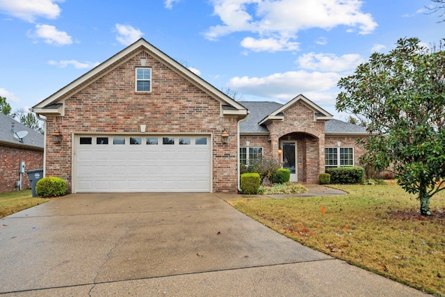 front facade featuring a garage and a front lawn