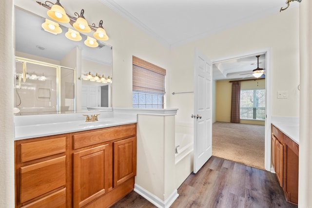 bathroom with ceiling fan, vanity, a healthy amount of sunlight, and hardwood / wood-style flooring