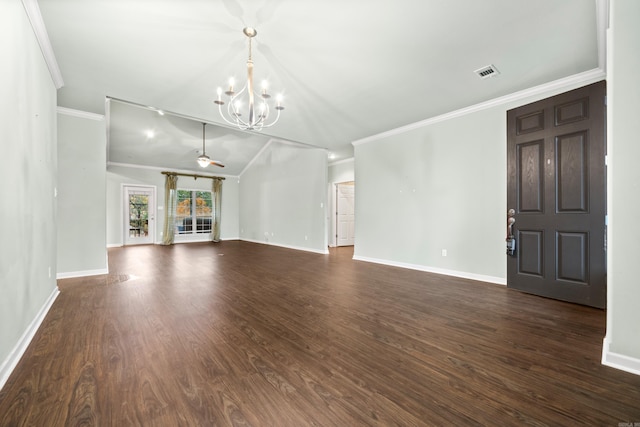 unfurnished living room with lofted ceiling, dark hardwood / wood-style floors, crown molding, and a notable chandelier