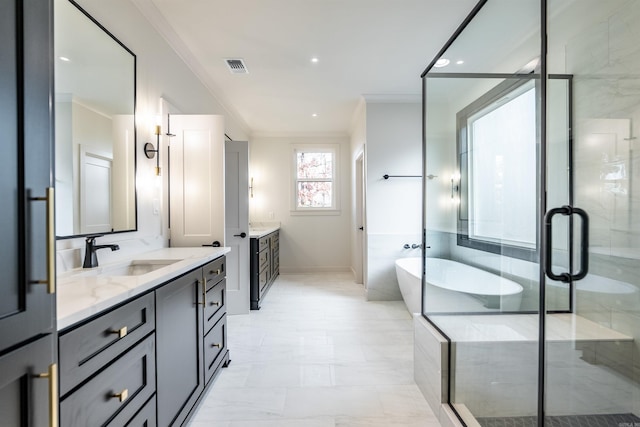 110 Eagle Ridge Dr, Maumelle, AR 72113 - bathroom featuring vanity, crown molding, and independent shower and bath