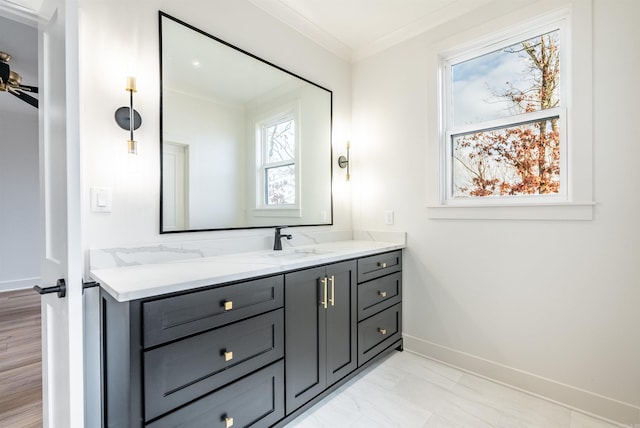110 Eagle Ridge Dr, Maumelle, AR 72113 - bathroom with crown molding, vanity, and ceiling fan