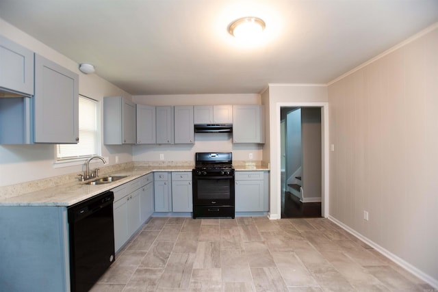 kitchen featuring black appliances, crown molding, sink, gray cabinets, and light stone counters