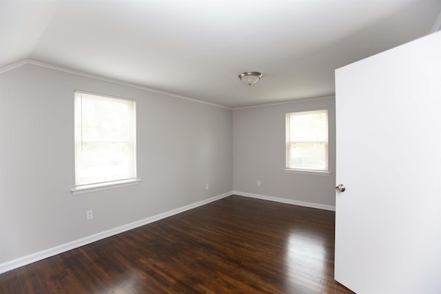 unfurnished room featuring dark wood-type flooring and lofted ceiling