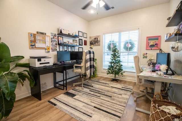 office space with ceiling fan and wood-type flooring