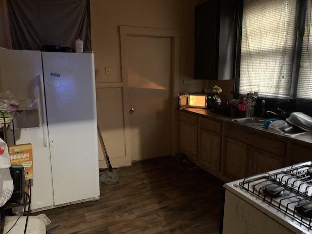 kitchen with dark hardwood / wood-style floors, white appliances, and sink