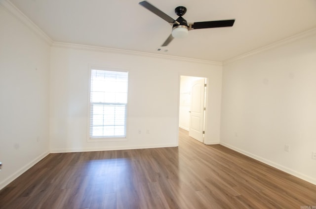 unfurnished room featuring ceiling fan, ornamental molding, and dark hardwood / wood-style floors