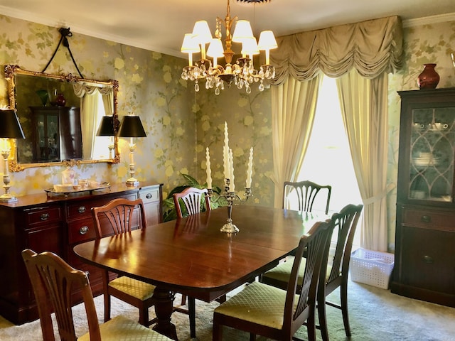 dining area with a notable chandelier, ornamental molding, and light carpet