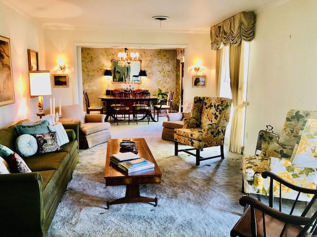 living room with carpet, a notable chandelier, and crown molding