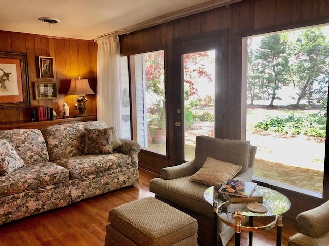 interior space with wood walls and dark hardwood / wood-style flooring