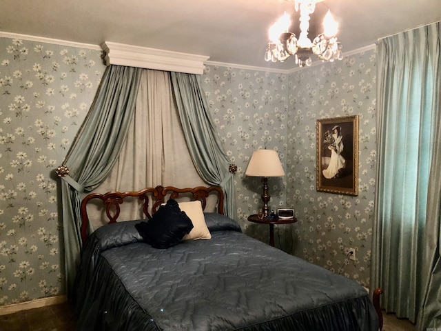 bedroom with an inviting chandelier and crown molding