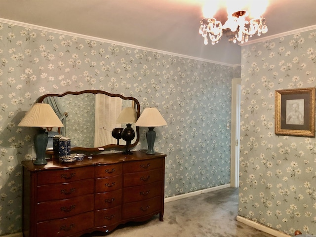 bedroom featuring crown molding, light colored carpet, and a chandelier