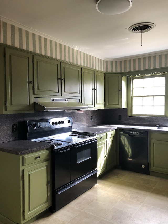 kitchen with black appliances and green cabinetry