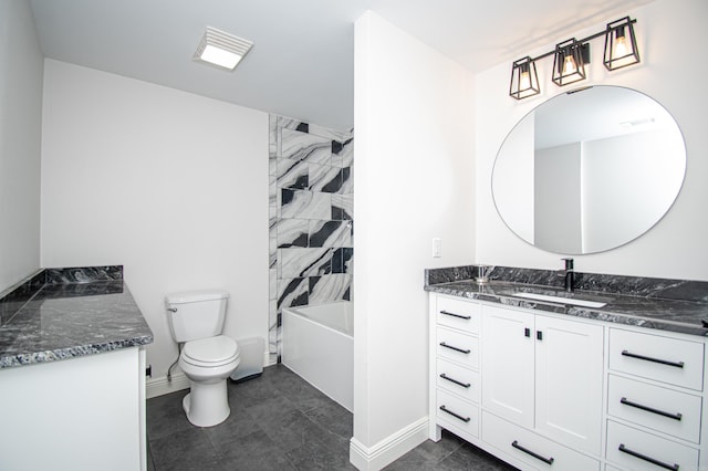 full bathroom with tiled shower / bath, tile patterned floors, vanity, and toilet