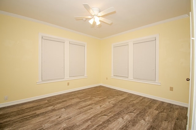 unfurnished room featuring hardwood / wood-style floors, ceiling fan, and ornamental molding