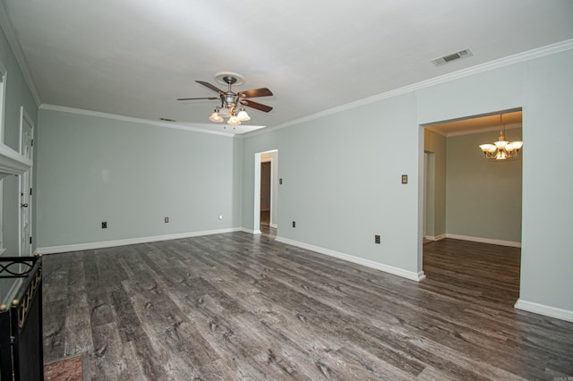 unfurnished living room featuring dark hardwood / wood-style floors, crown molding, and ceiling fan with notable chandelier