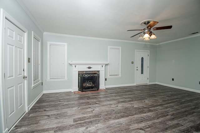 unfurnished living room with crown molding, dark hardwood / wood-style flooring, and ceiling fan