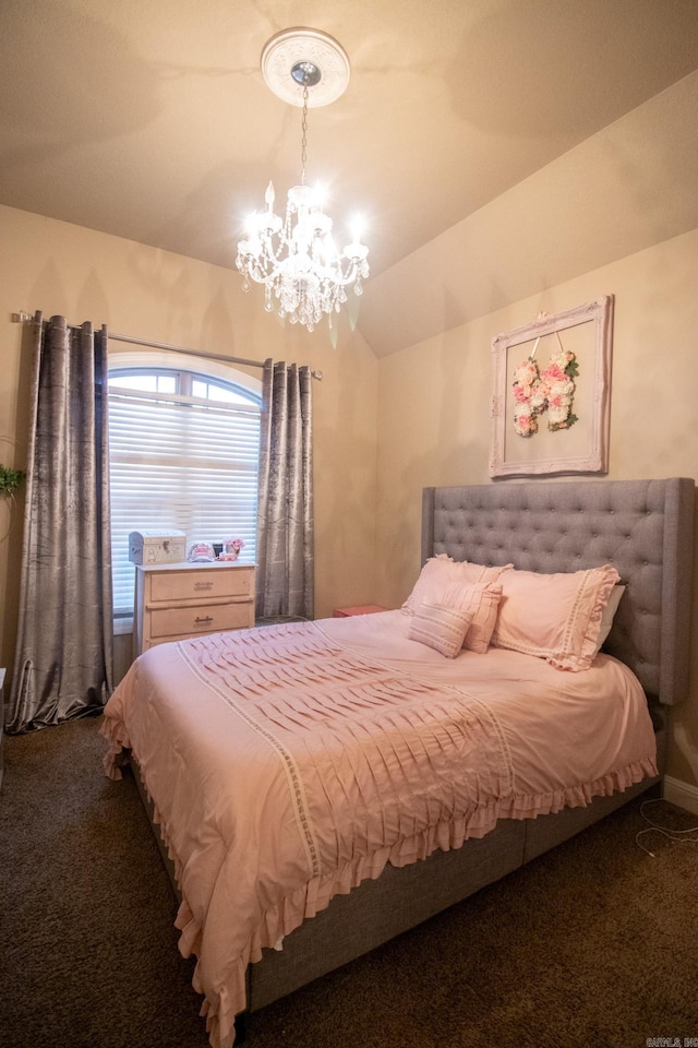 carpeted bedroom with lofted ceiling and a notable chandelier