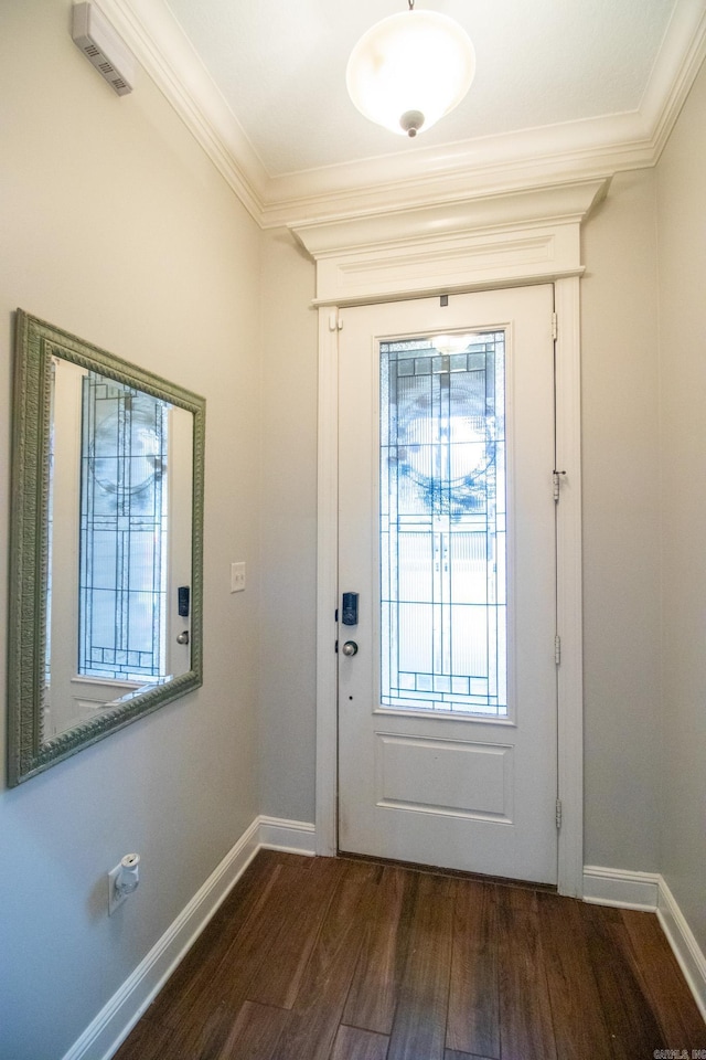 entryway with dark hardwood / wood-style floors and crown molding