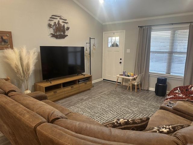 living room featuring crown molding, dark wood-type flooring, and lofted ceiling