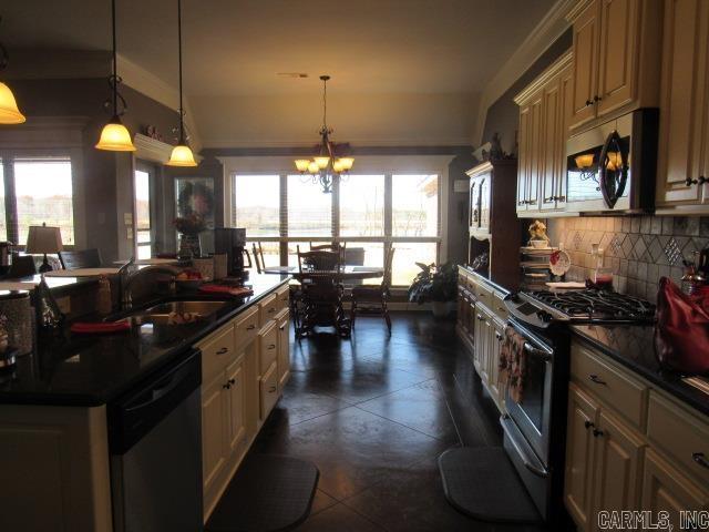 kitchen with pendant lighting, plenty of natural light, stainless steel appliances, and sink